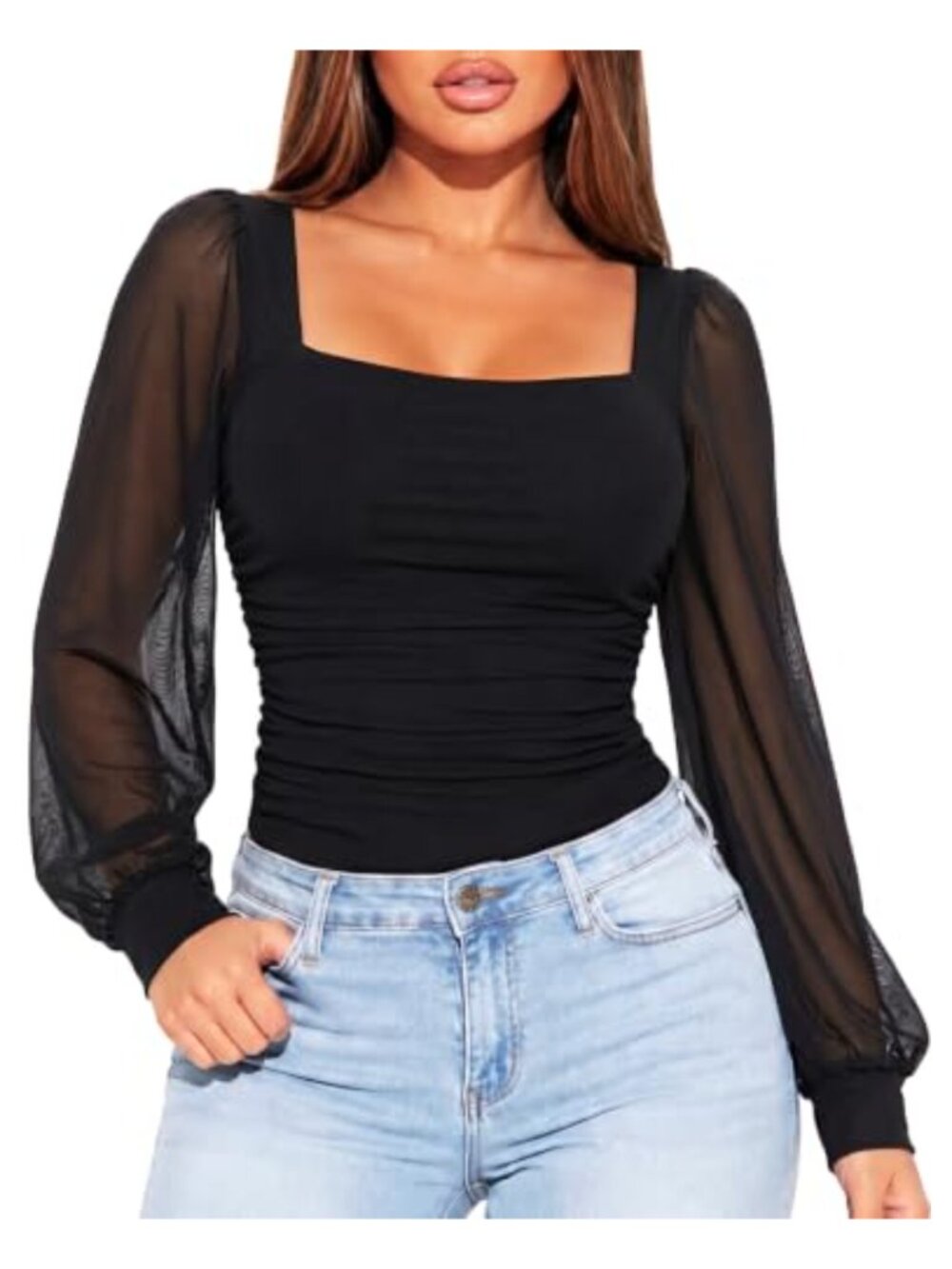 Mesh Puff Long Sleeve Square Neck Ruched Fitted Top